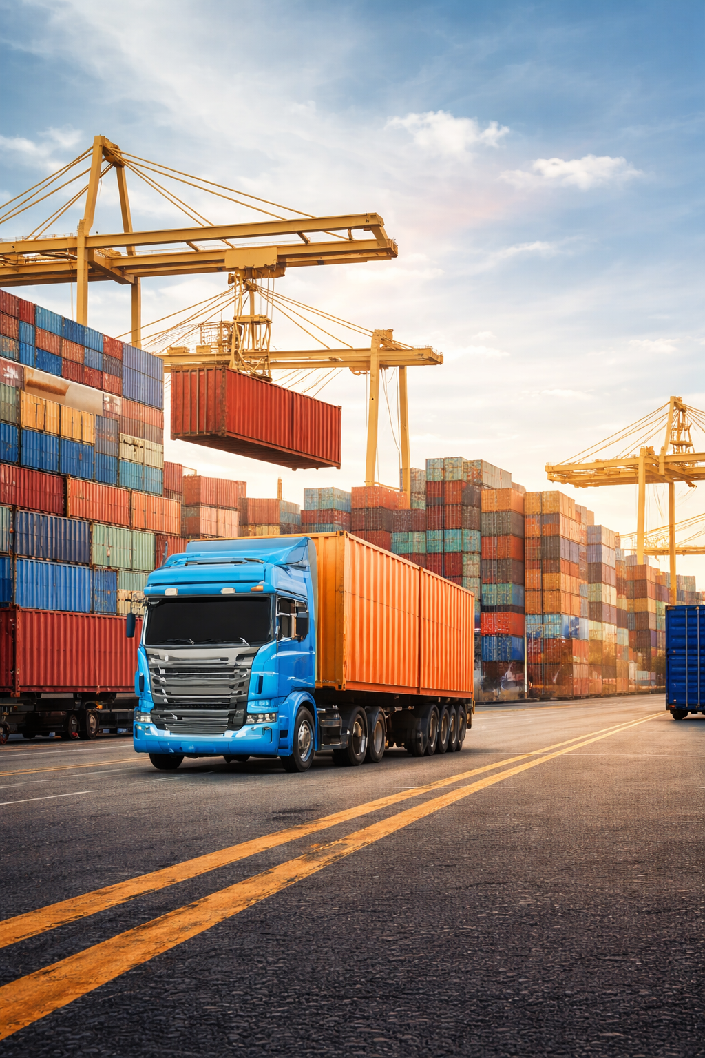 Busy port with colorful containers and truck (1)