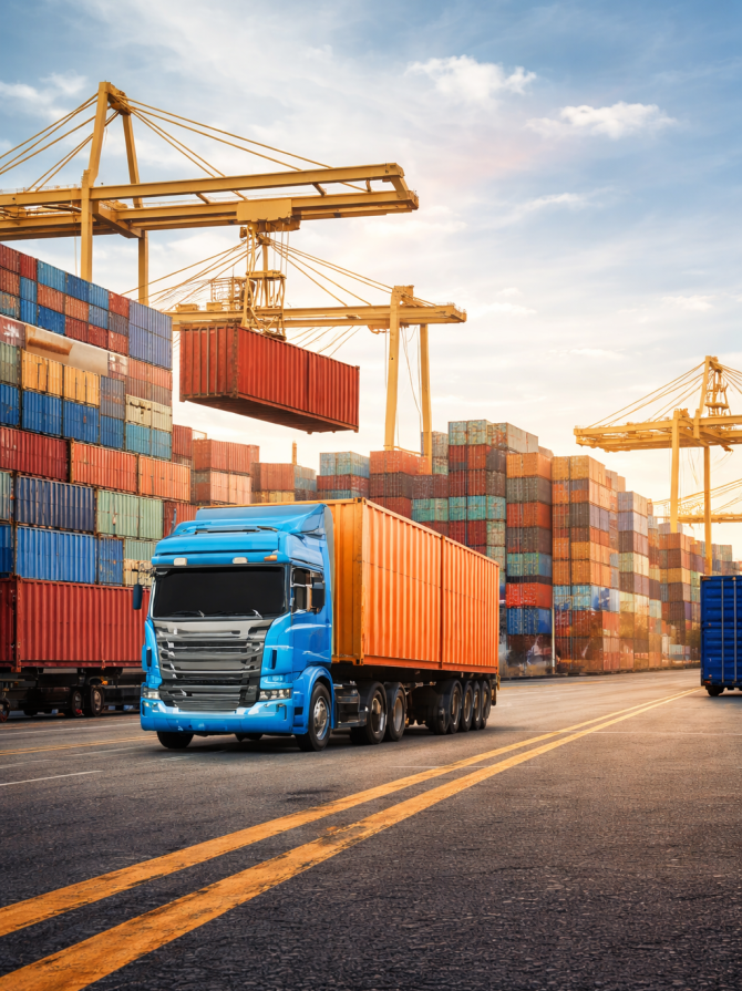 Busy port with colorful containers and truck (1)