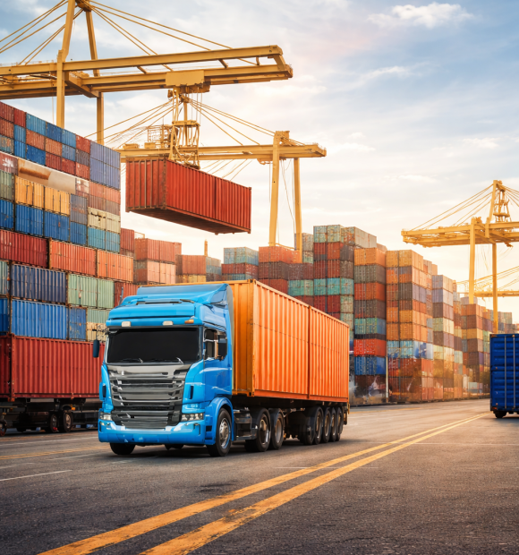 Busy port with colorful containers and truck (1)